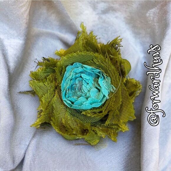 Handcrafted Fabric Floral Hair Clip / Brooch - Green & Robins Egg Blue - Picture 5 of 8
